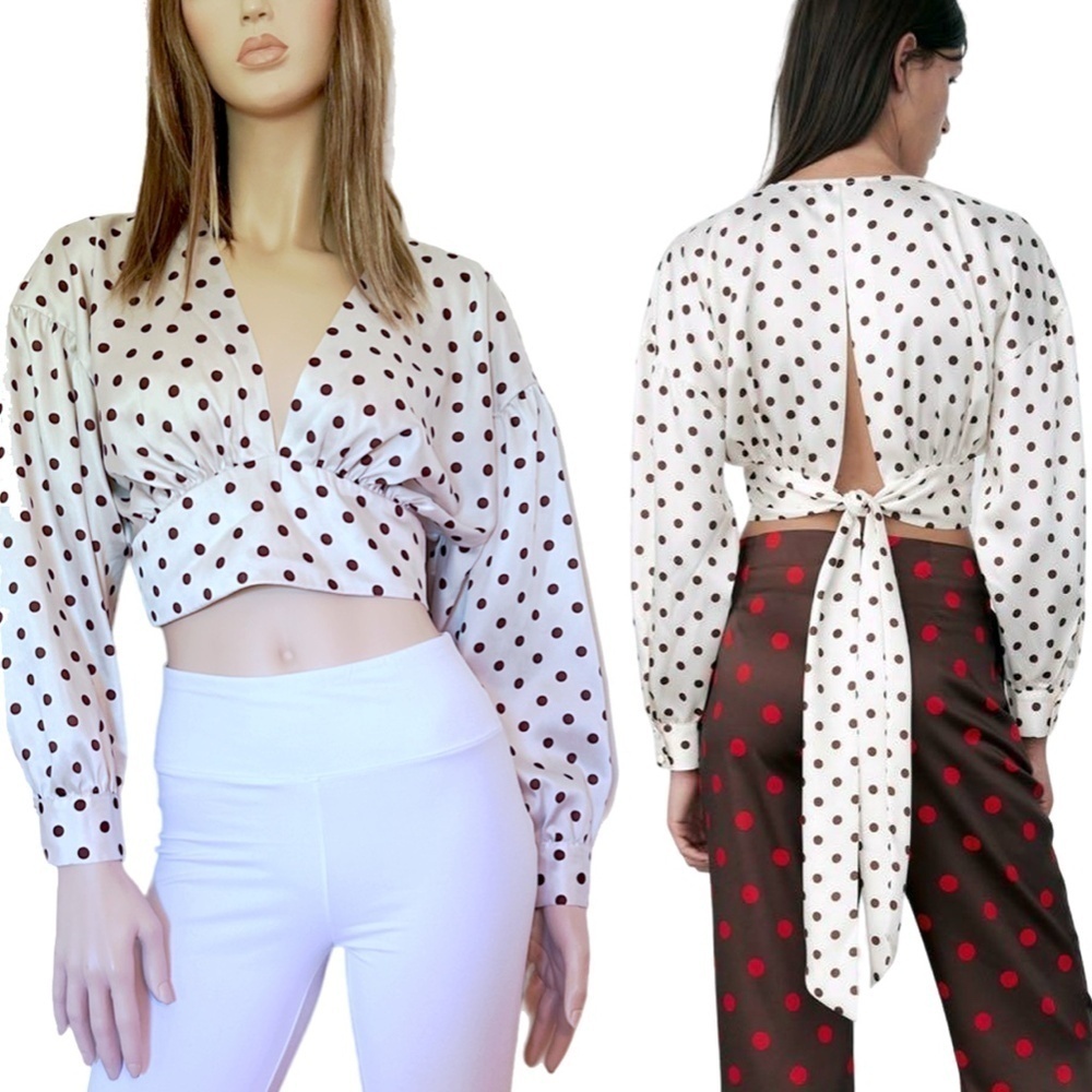 ZARA Blouse Top Shirt Long Sleeve Back Bow Tie Long Sleeve Plunge Neck Polkadot